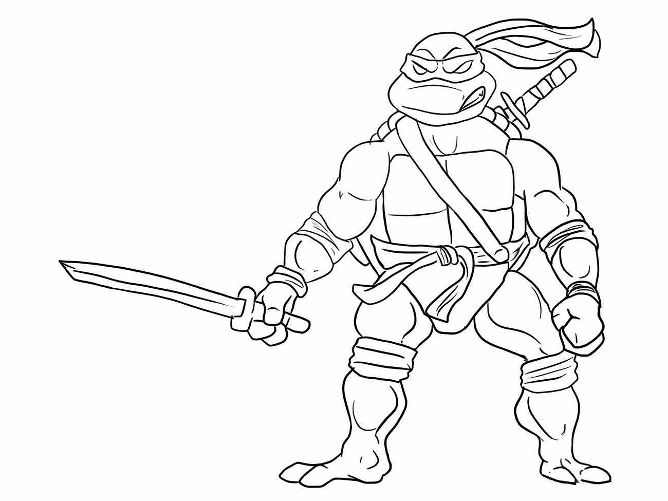 Desenho para colorir de Leonardo das Tartarugas Ninjas, imponente com sua espada, preparando-se para o ataque.