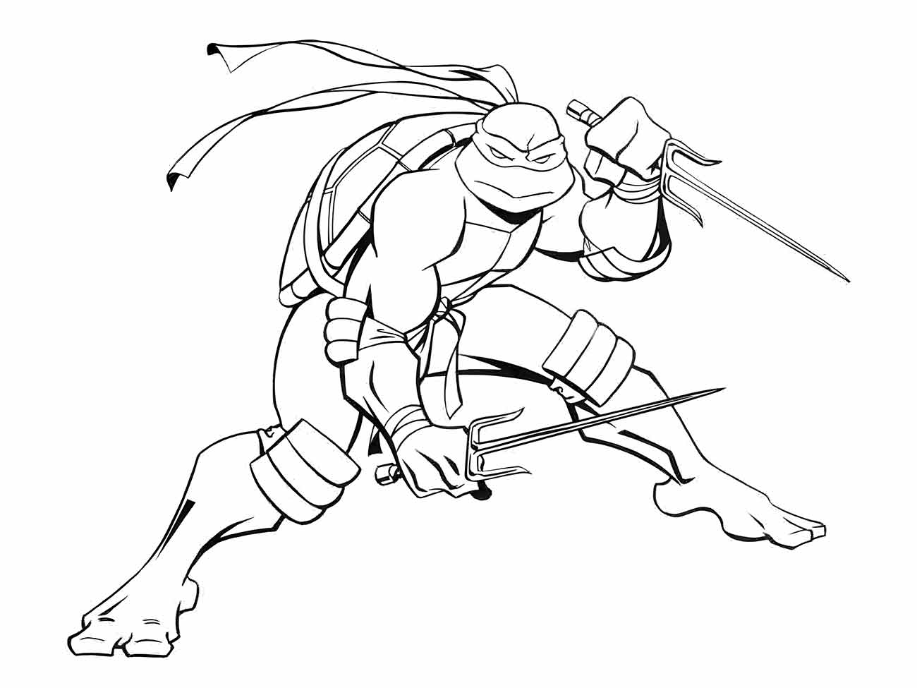 Desenho para colorir de Raphael das Tartarugas Ninjas em uma pose de combate agressiva, com suas sais prontas.