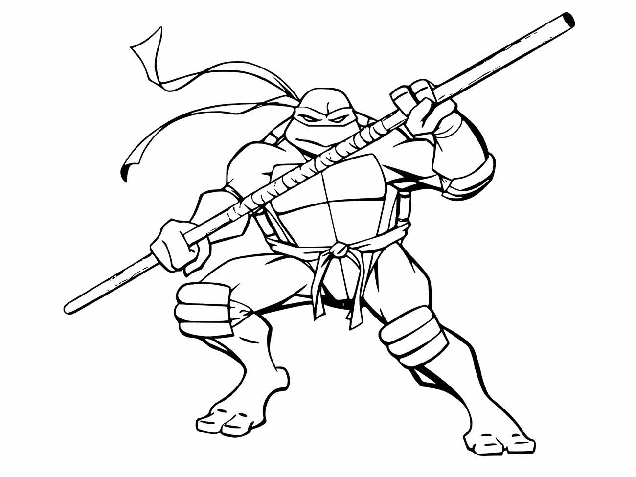 Desenho para colorir de Donatello das Tartarugas Ninjas, empunhando seu bastão em uma pose de combate.