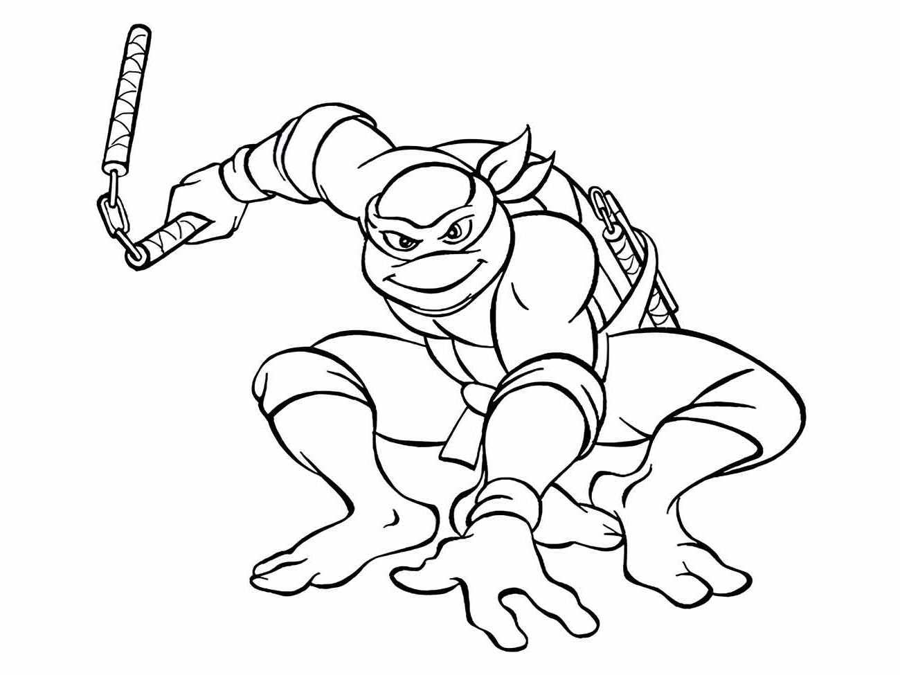 Desenho para colorir de Leonardo das Tartarugas Ninjas, agachado com uma espada erguida, pronto para atacar.