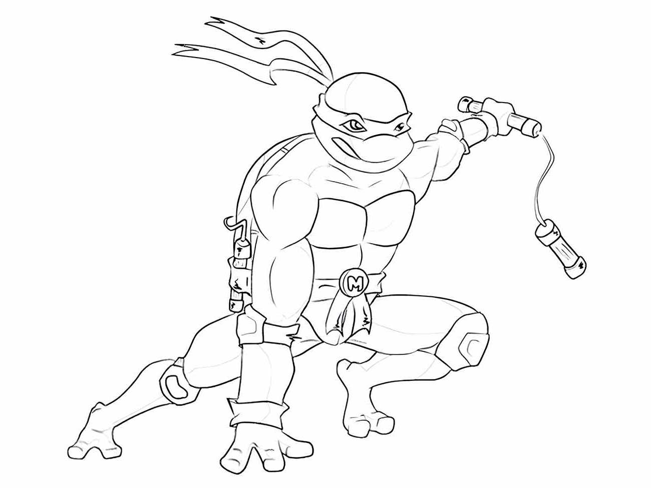 Desenho para colorir de Michelangelo das Tartarugas Ninjas, em uma pose dinâmica com sua nunchaku, em movimento.