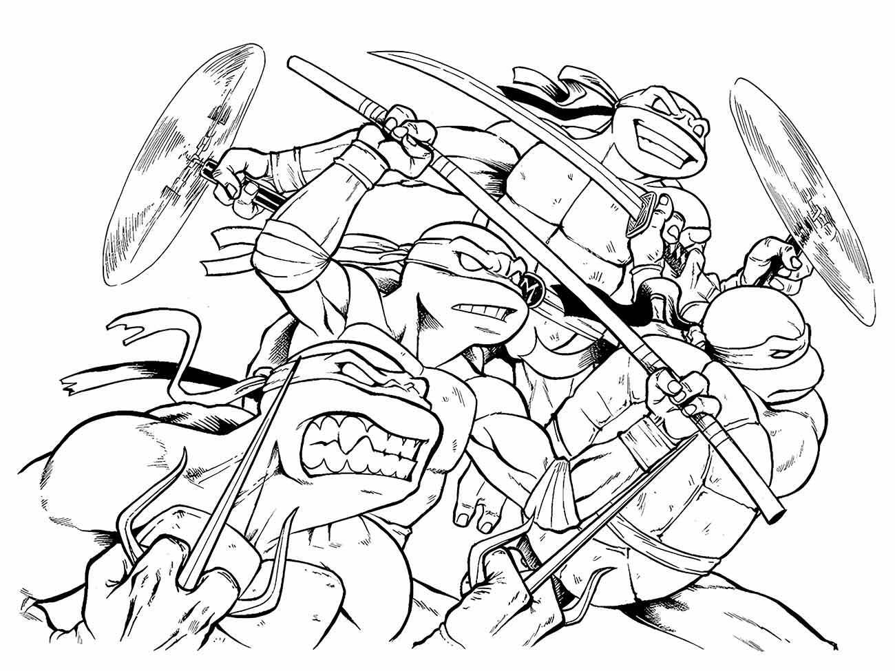 Desenho para colorir das Tartarugas Ninjas em uma cena de batalha intensa, com Leonardo, Michelangelo, Donatello e Raphael usando suas armas.