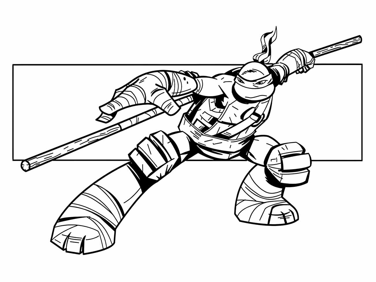 Desenho para colorir de Donatello das Tartarugas Ninjas, em uma postura ofensiva com seu bastão, contra um fundo abstrato.