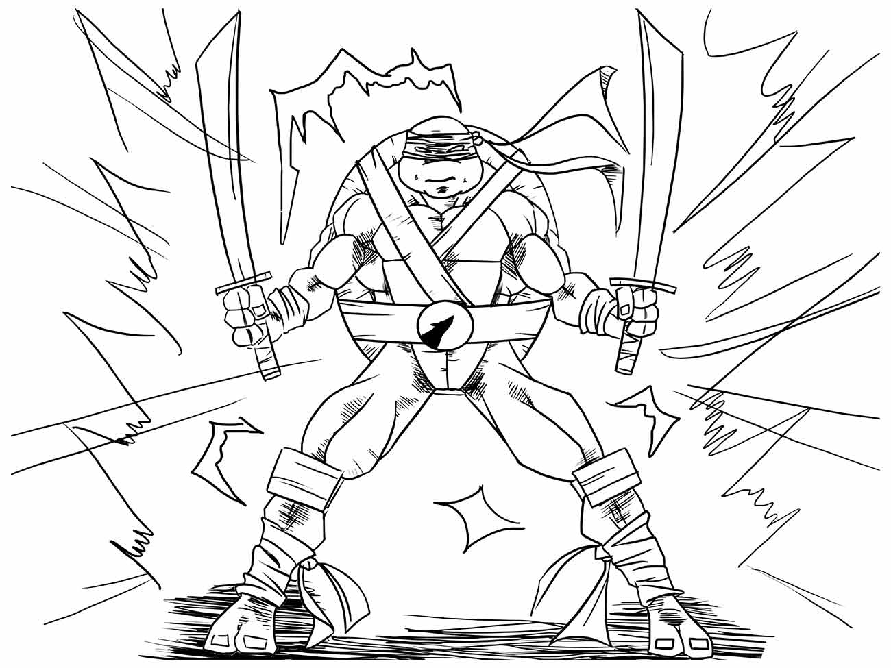 Desenho para colorir de Raphael das Tartarugas Ninjas, impondo-se com duas espadas, cercado por efeitos de ação.