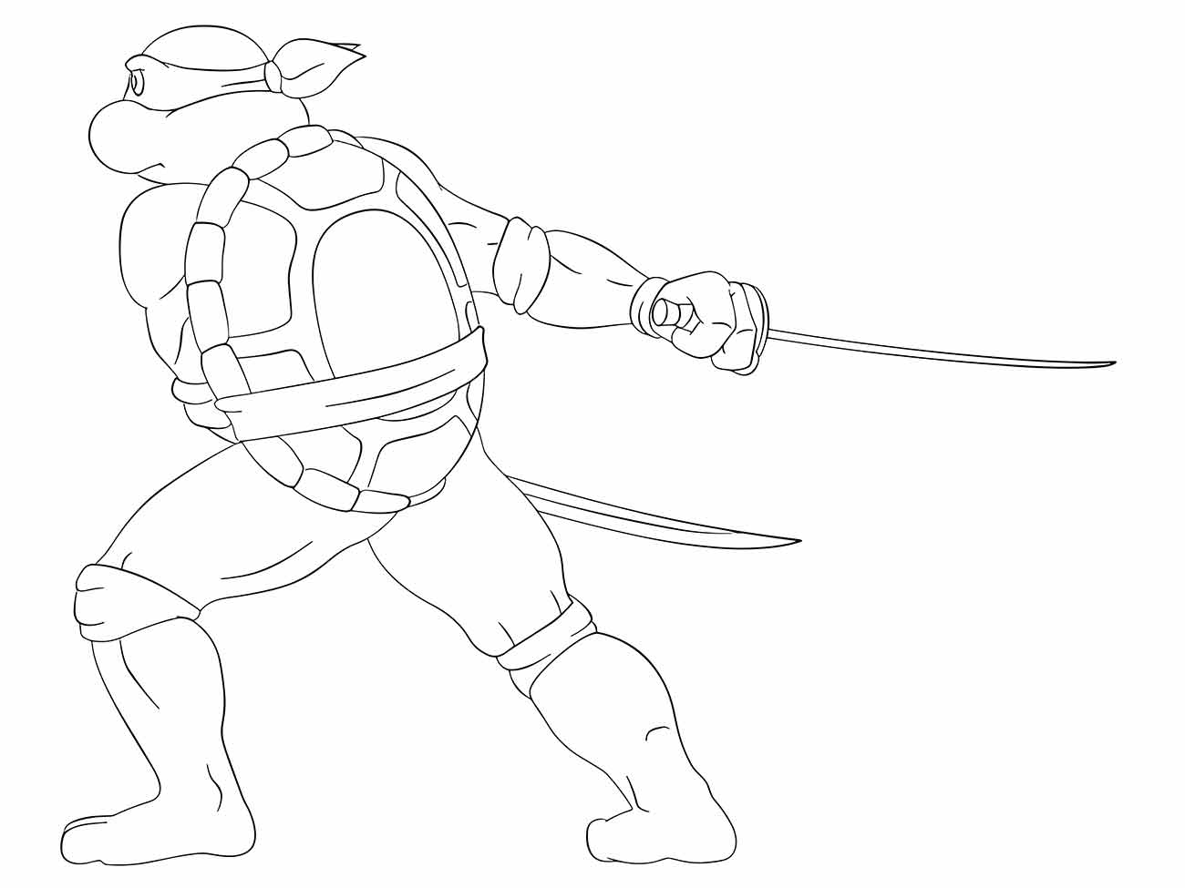 Desenho para colorir de Leonardo das Tartarugas Ninjas atacando com uma espada, visto de trás em uma postura de combate.