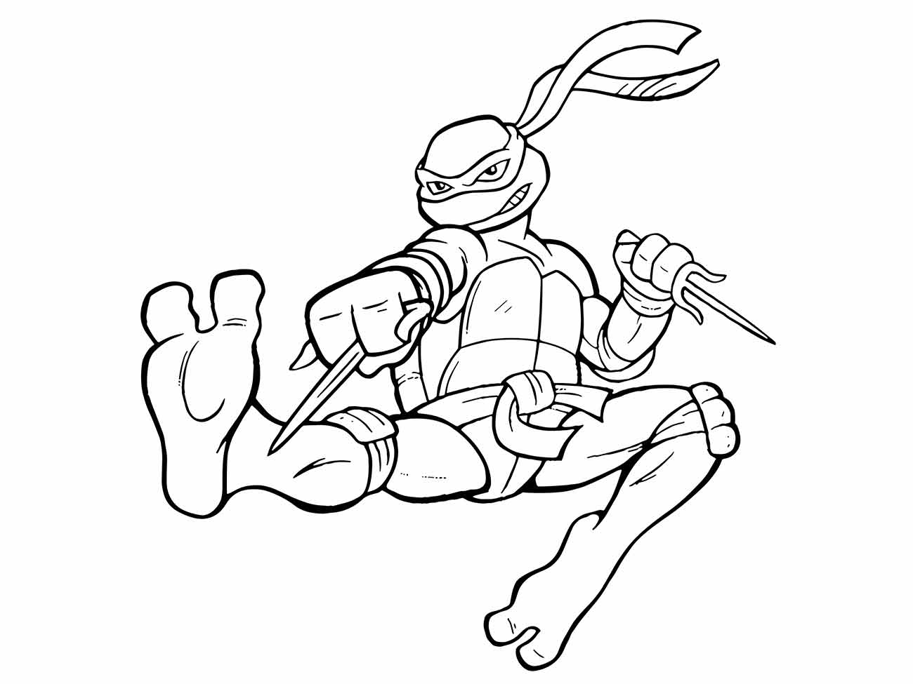 Desenho para colorir de Raphael das Tartarugas Ninjas, sentado com suas sais, em pose relaxada e preparado.