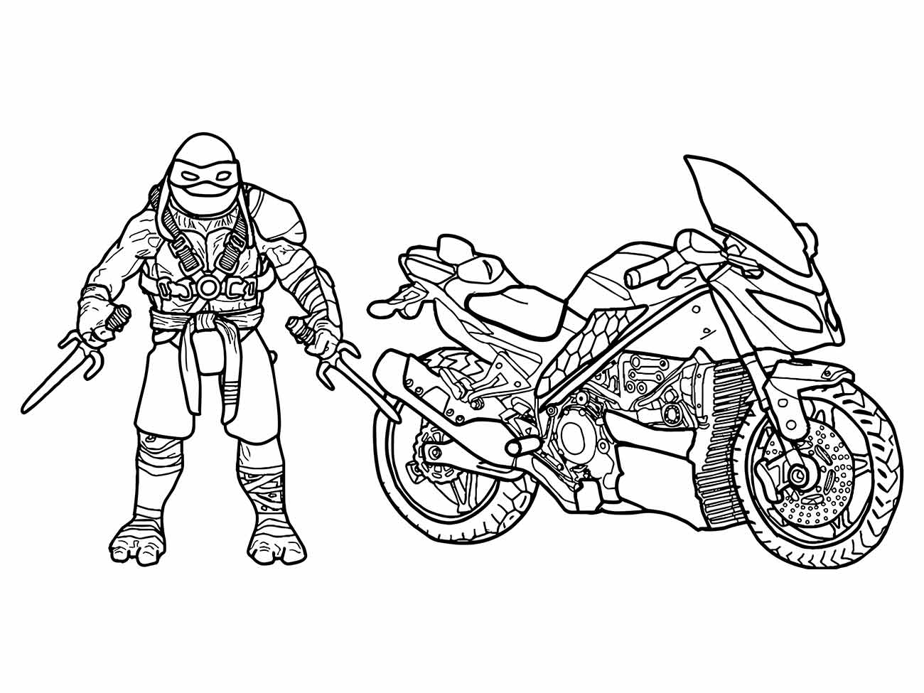 Desenho para colorir de Leonardo das Tartarugas Ninjas ao lado de sua motocicleta esportiva, armado com uma espada.