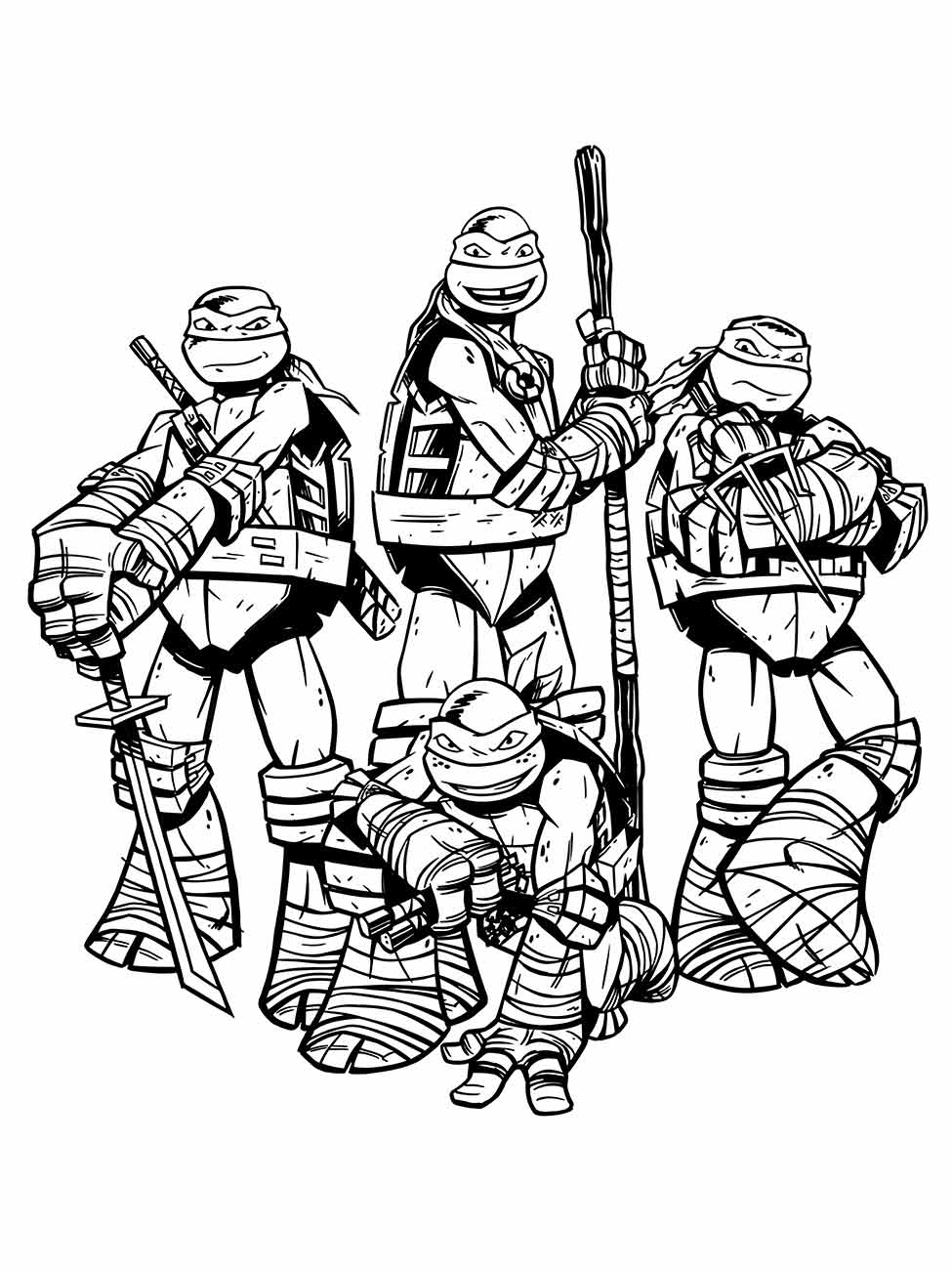 Desenho para colorir das Tartarugas Ninjas em grupo com suas armas.