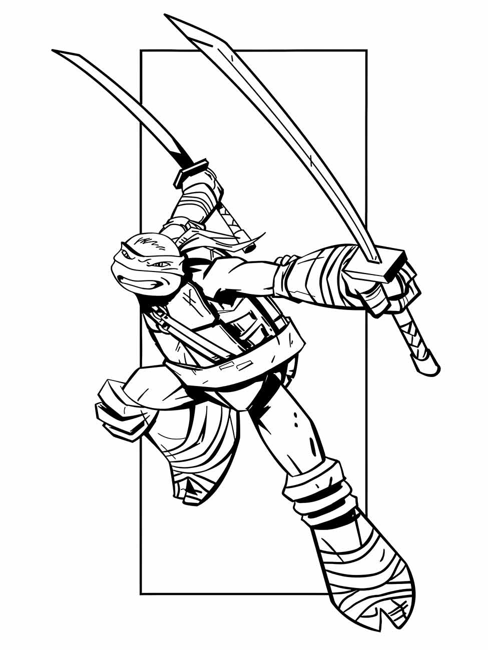 Desenho para colorir do Leonardo das Tartarugas Ninjas em ação com duas espadas.