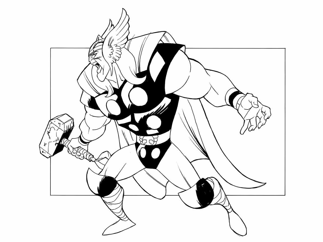 Desenho para colorir de Thor em uma pose dinâmica de ataque, pronto para batalha, de uma série de quadrinhos da Marvel.