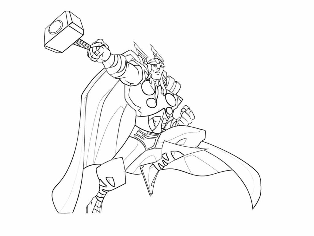 Desenho para colorir mostrando Thor voando agressivamente com seu martelo, da série de quadrinhos da Marvel.