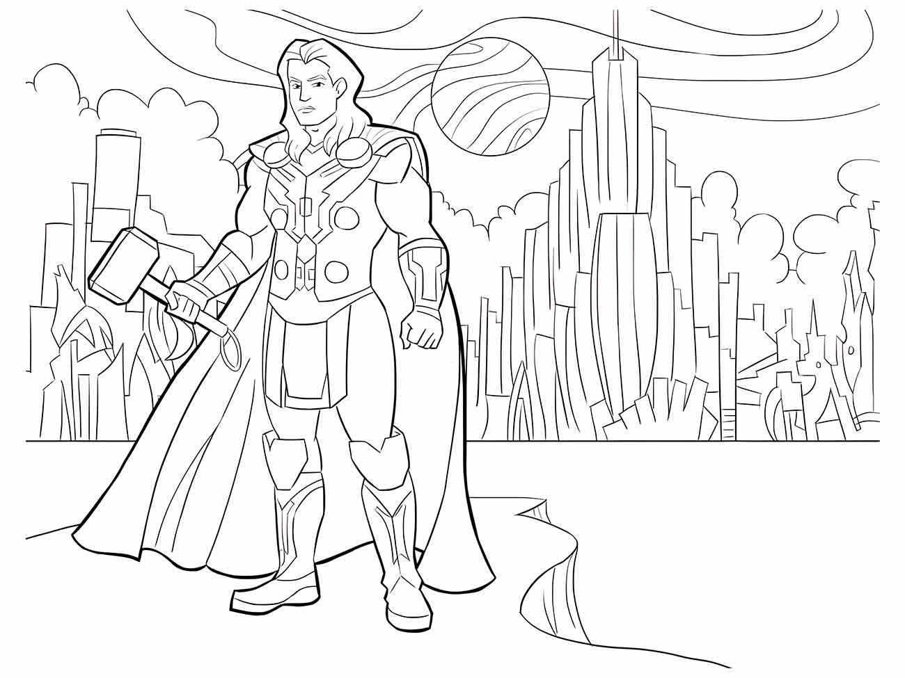 Desenho para colorir de Thor caminhando heroicamente com o martelo, em um cenário urbano futurista, da série de quadrinhos da Marvel.