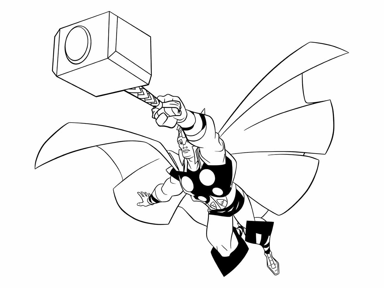 Desenho para colorir de uma versão chibi de Thor em voo, segurando o martelo Mjolnir com uma mão estendida para frente.