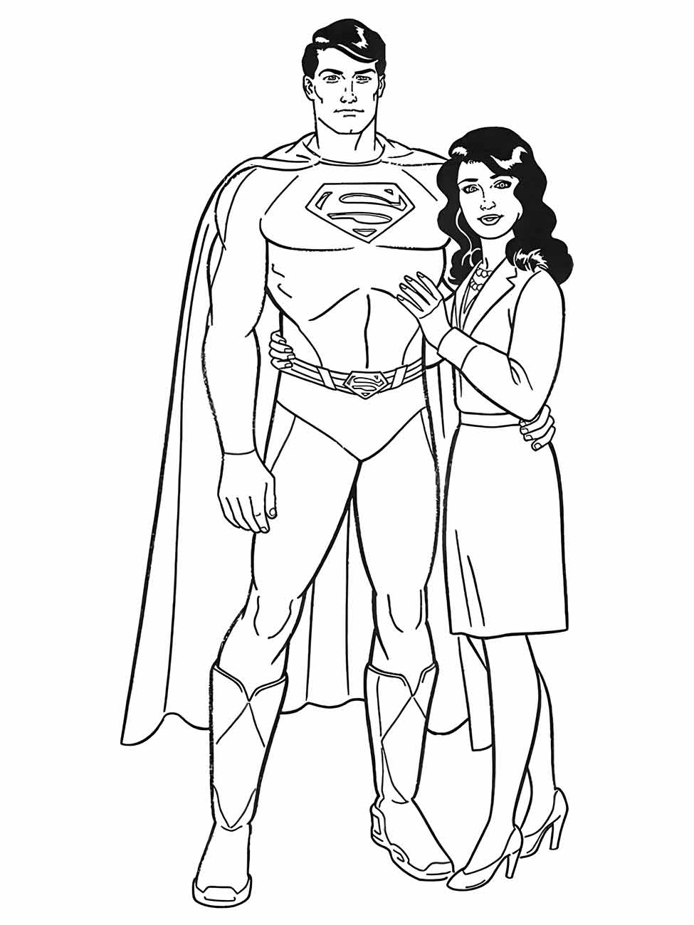 Desenho para colorir do Super-Homem e Lois Lane abraçados.