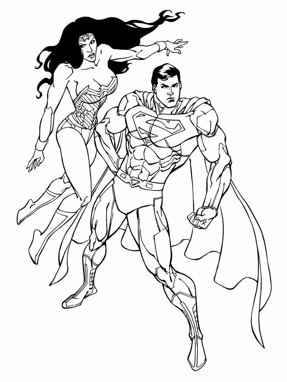 Desenho para colorir do Super-Homem e Mulher-Maravilha em pose de ação.