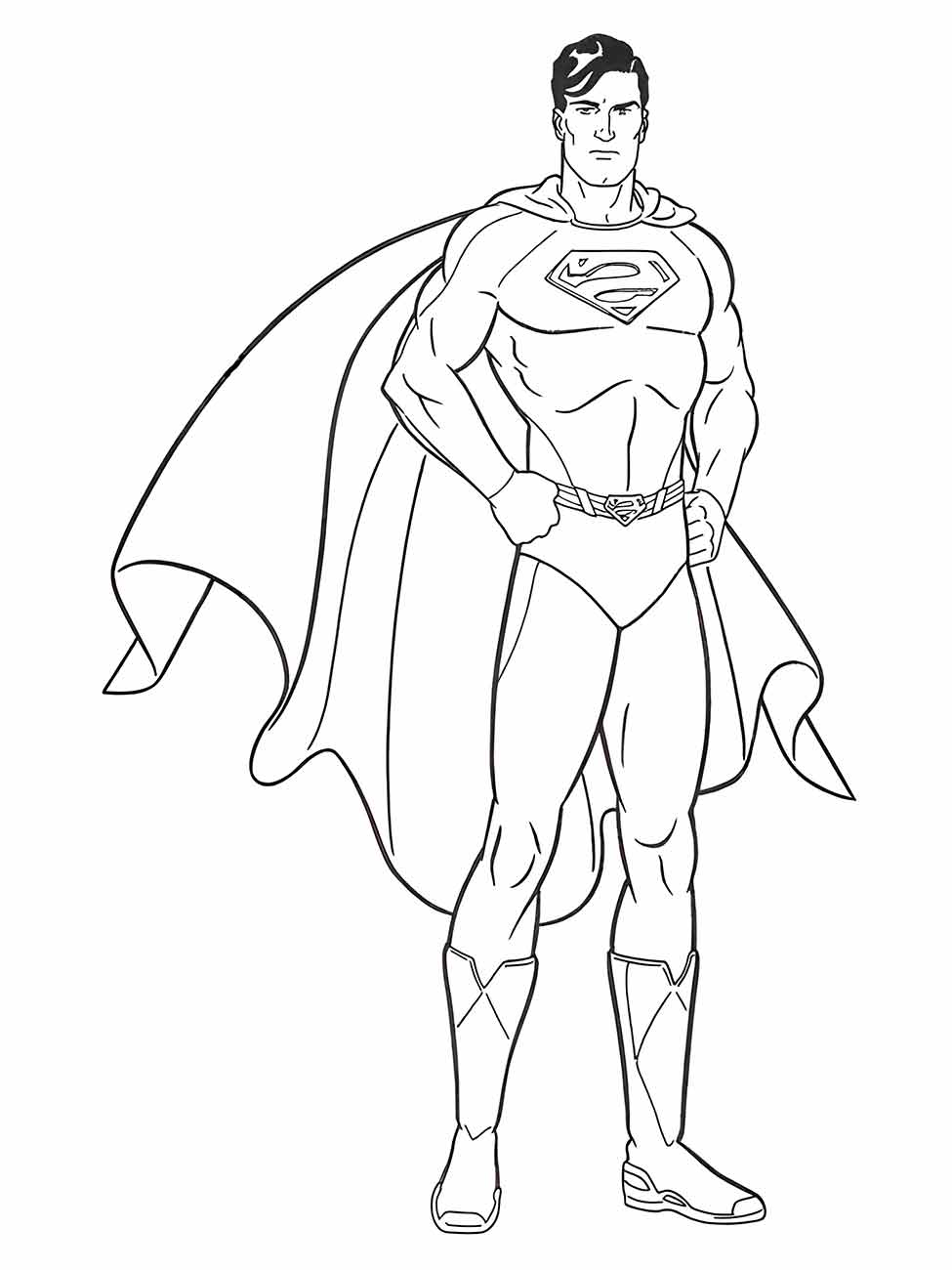 Desenho para colorir do Super-Homem em pé, com capa e mãos na cintura.