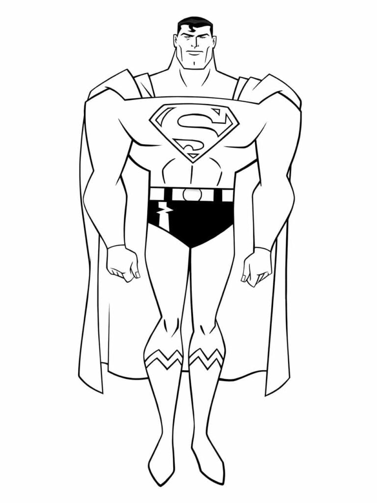 Desenho para colorir do Super-Homem em pé com a capa esvoaçante.