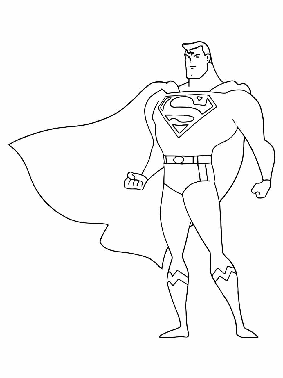 Desenho para colorir do Super-Homem em pé com a capa esvoaçante.