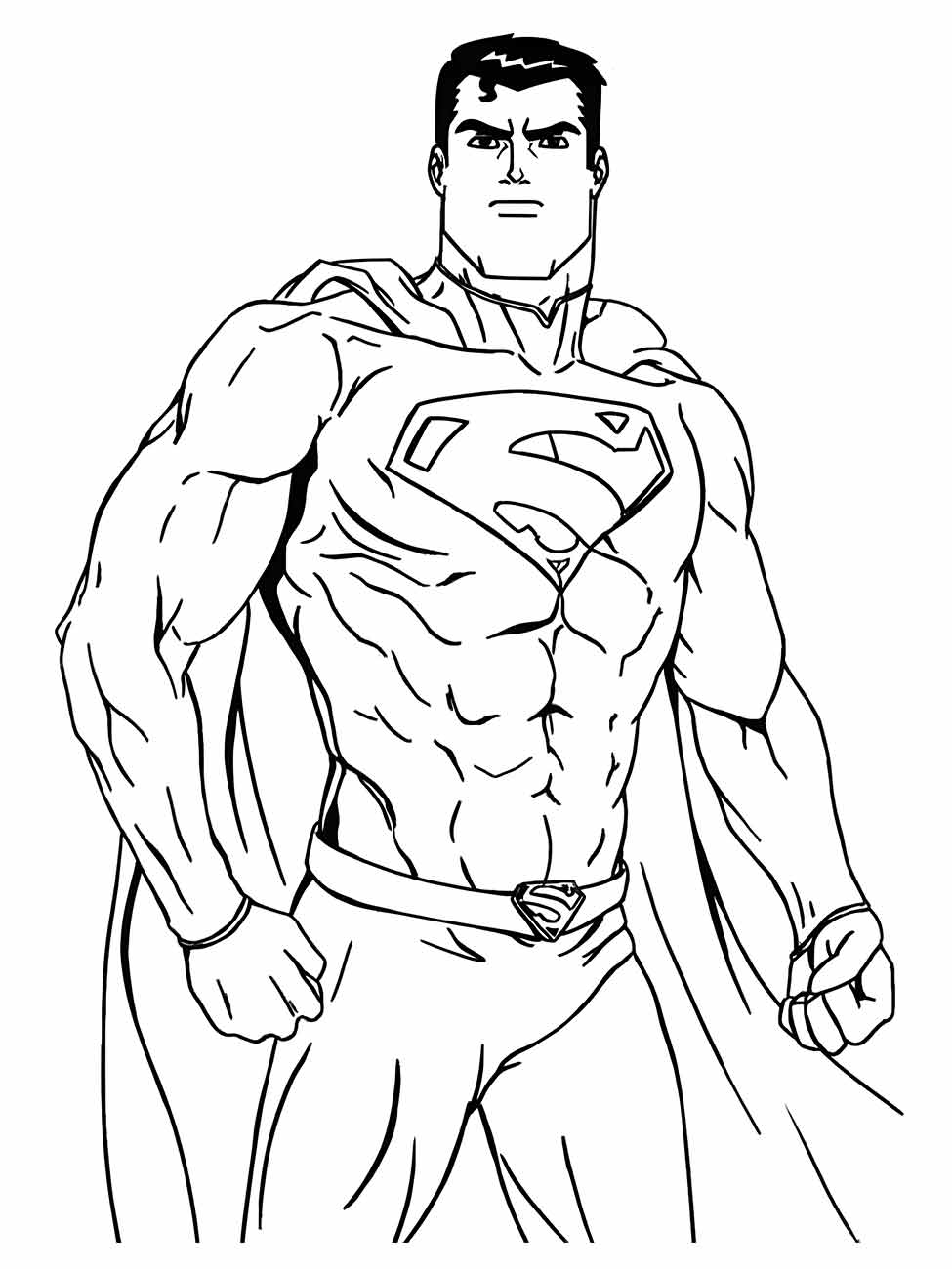 Desenho para colorir do Super-Homem em pé com expressão séria e musculoso.