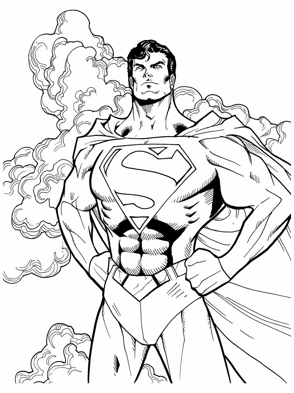 Desenho para colorir do Super-Homem em pé, com fumaça ao fundo.