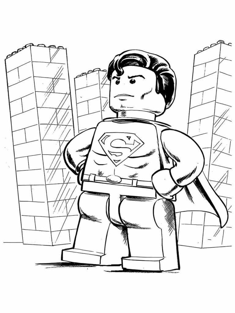 Desenho para colorir do Super-Homem em versão LEGO com prédios ao fundo.