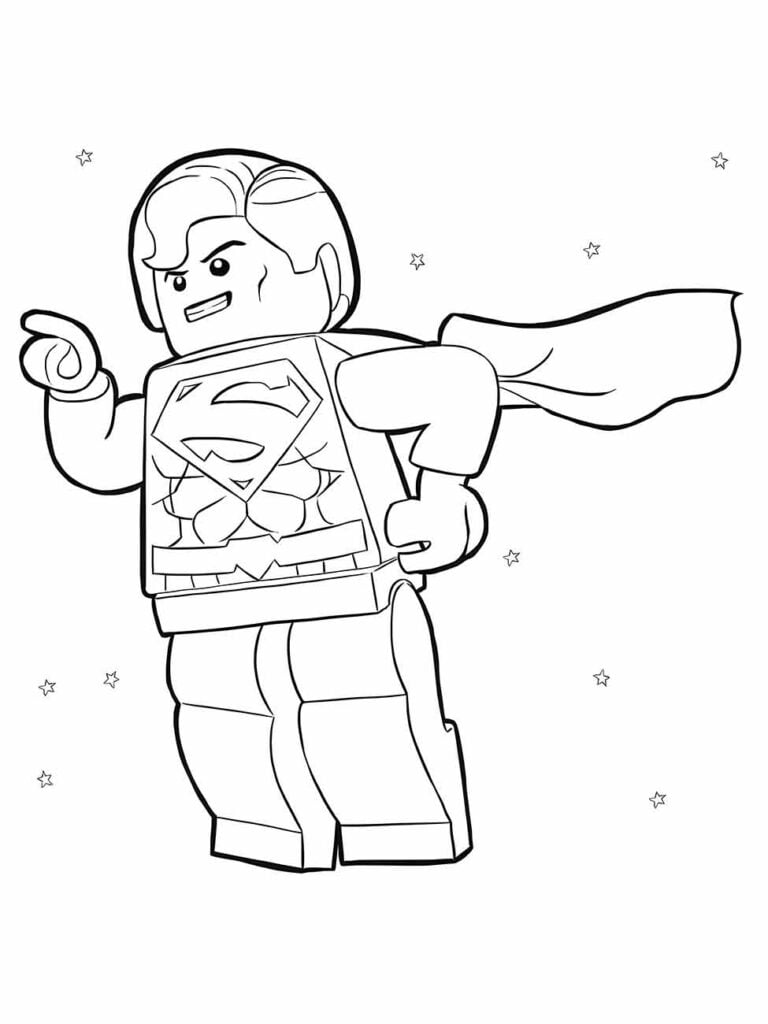 Desenho para colorir do Super-Homem em versão LEGO apontando e voando com estrelas ao fundo.