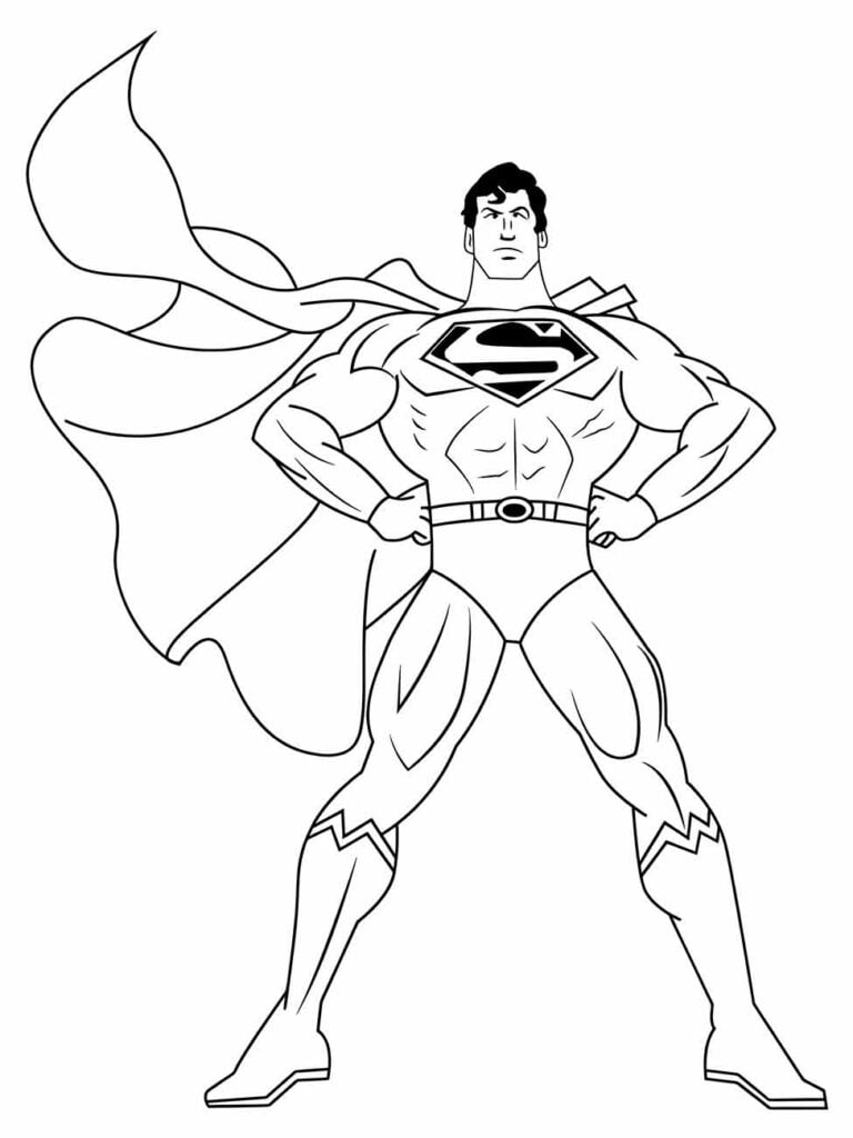 Desenho para colorir do Super-Homem de pé com as mãos na cintura.