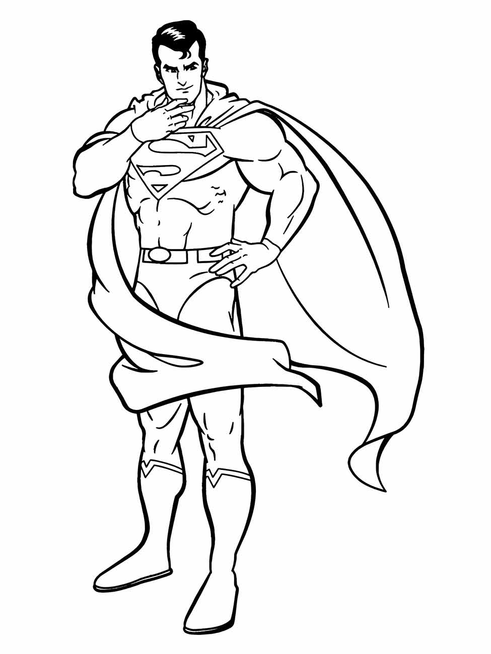 Desenho para colorir do Super-Homem em pé, pensativo com a mão no queixo.