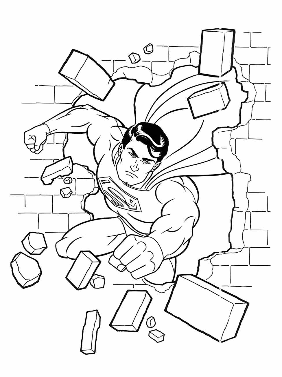 Desenho para colorir do Super-Homem quebrando uma parede com os punhos.