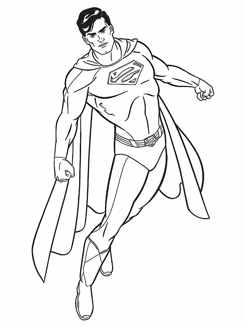 Desenho para colorir do Super-Homem voando com capa esvoaçante.