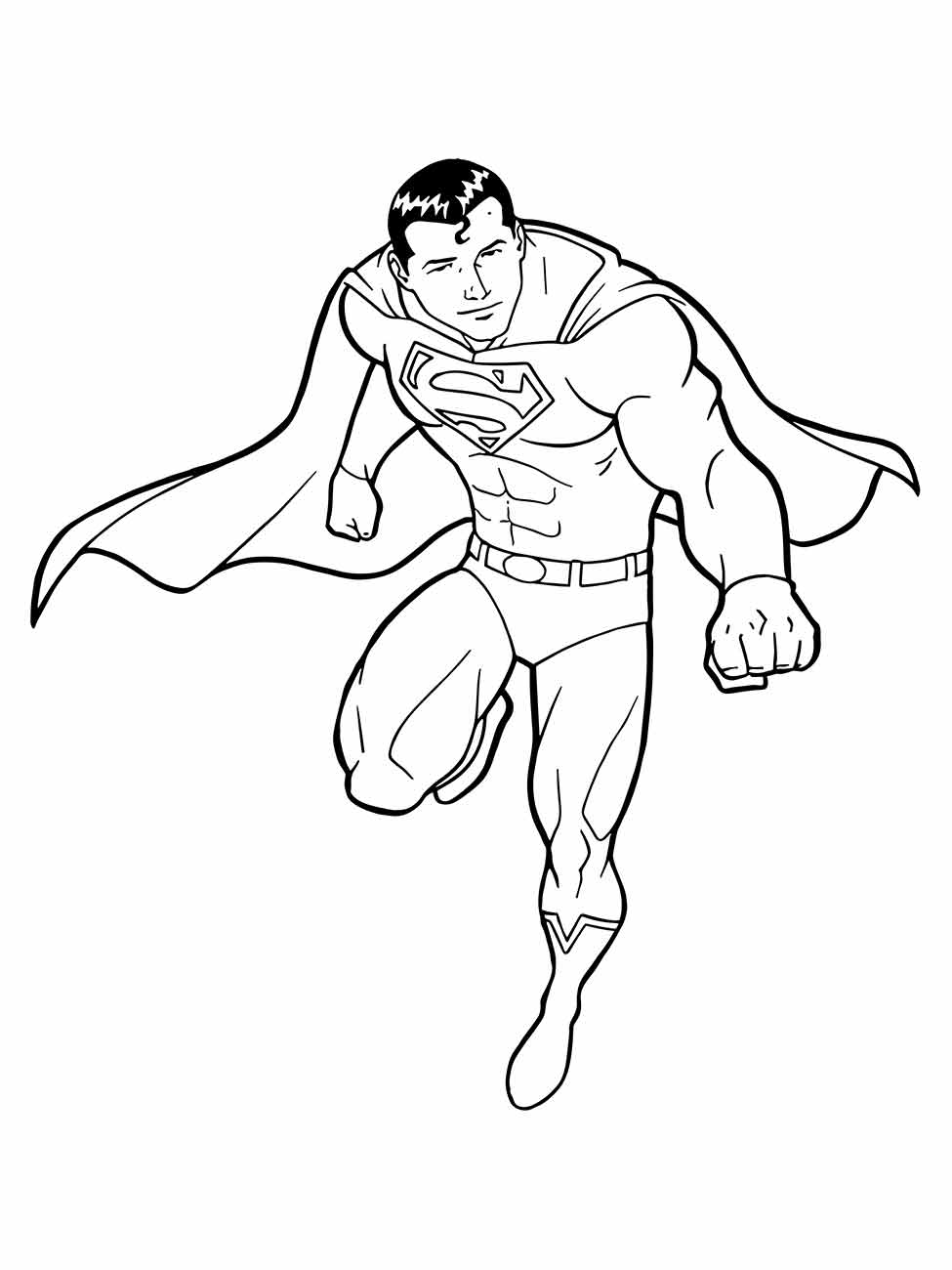 Desenho para colorir do Super-Homem voando com o punho erguido.