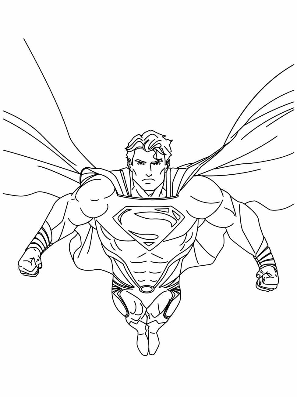 Desenho para colorir do Super-Homem voando de frente com os punhos fechados.