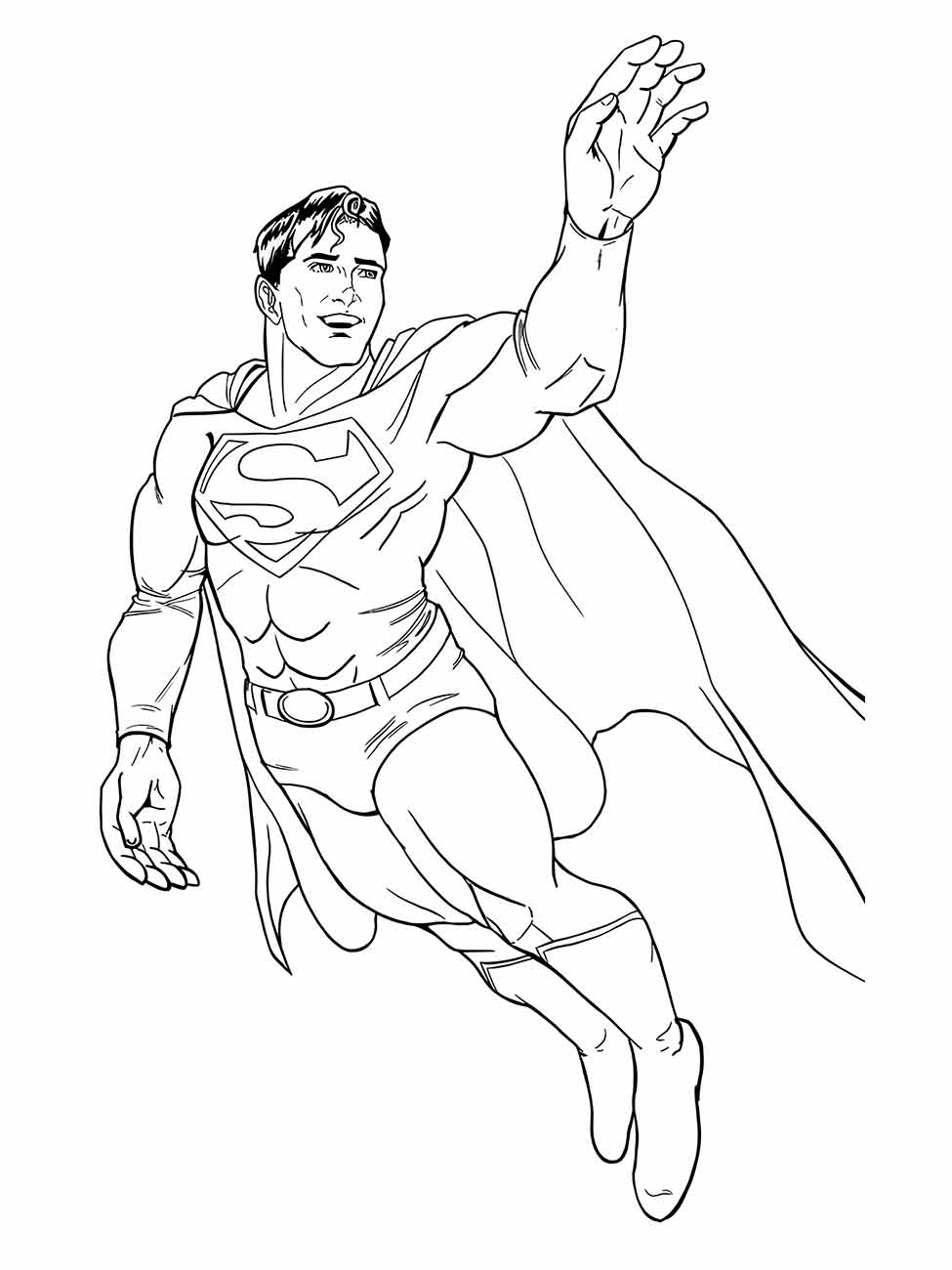 Desenho para colorir do Super-Homem voando com um braço estendido.