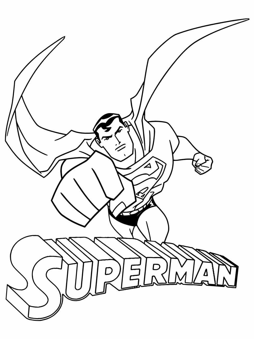 Desenho para colorir do Super-Homem voando com o logo "Superman" abaixo.