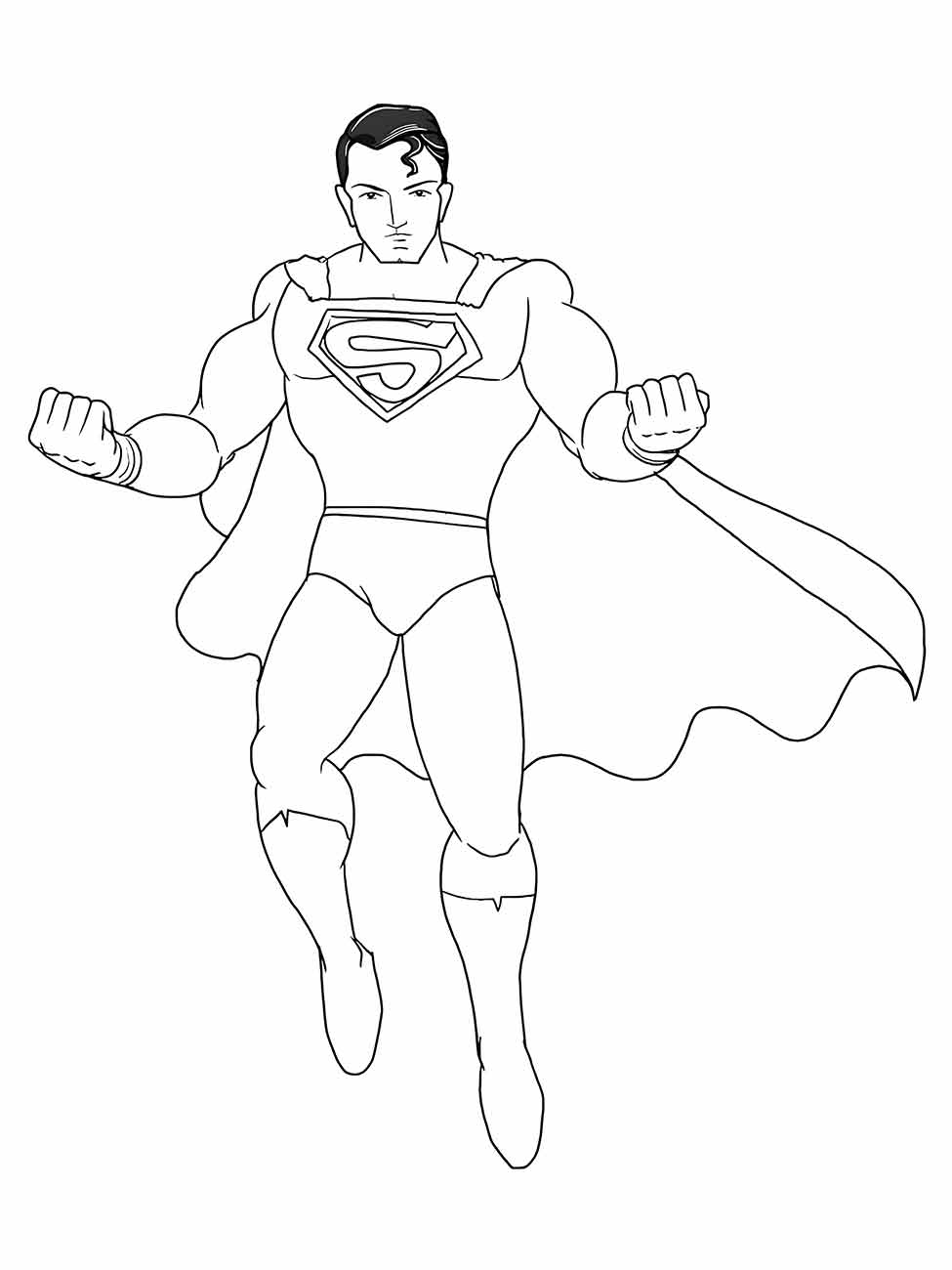 Desenho para colorir do Super-Homem voando com os punhos fechados.