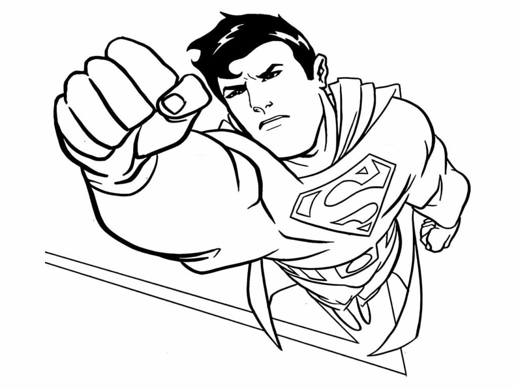 Desenho para colorir do Super-Homem voando de frente com um punho estendido e expressão séria.