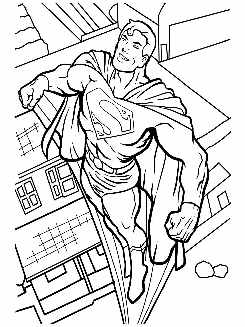 Desenho para colorir do Super-Homem voando sobre a cidade, sorrindo.