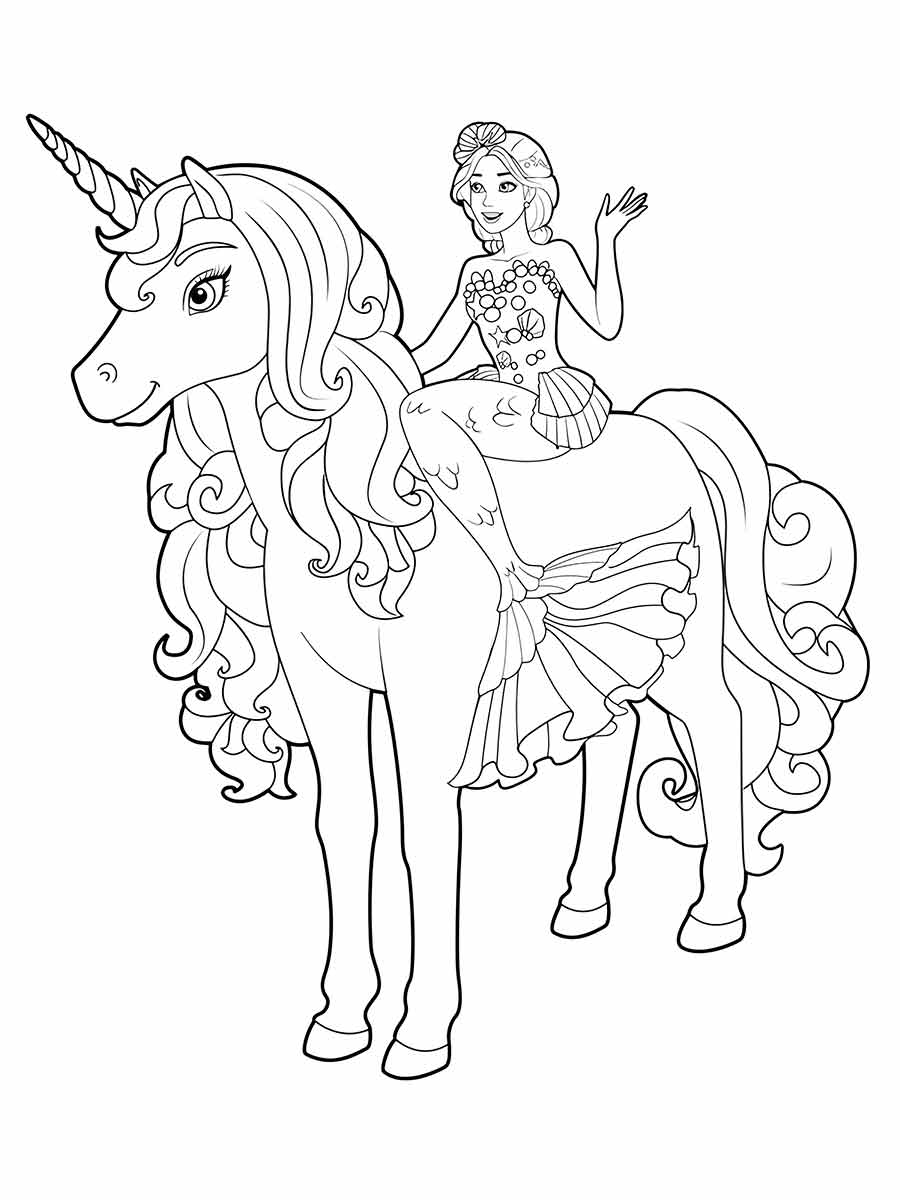 Barbie with Magic Unicorn Coloring Page