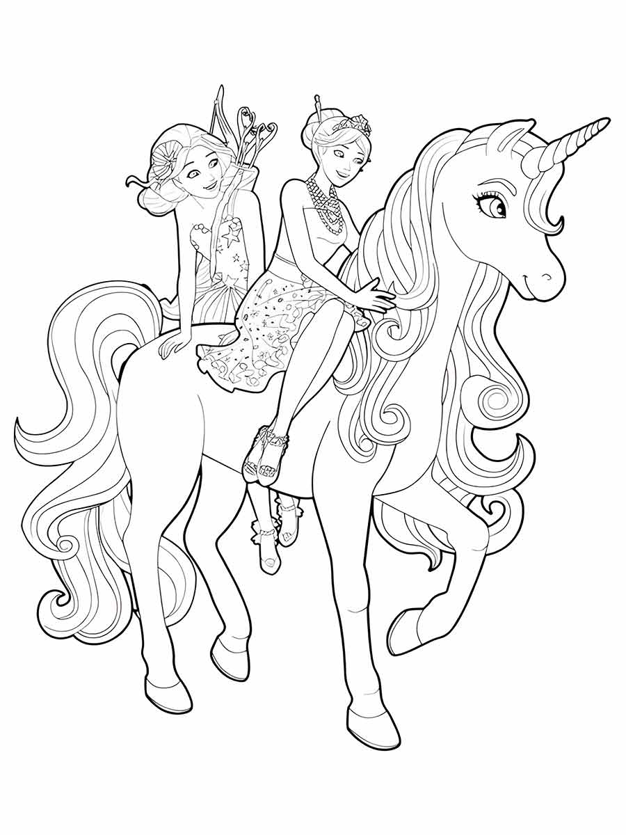 Barbie with Magic Unicorn Coloring Page