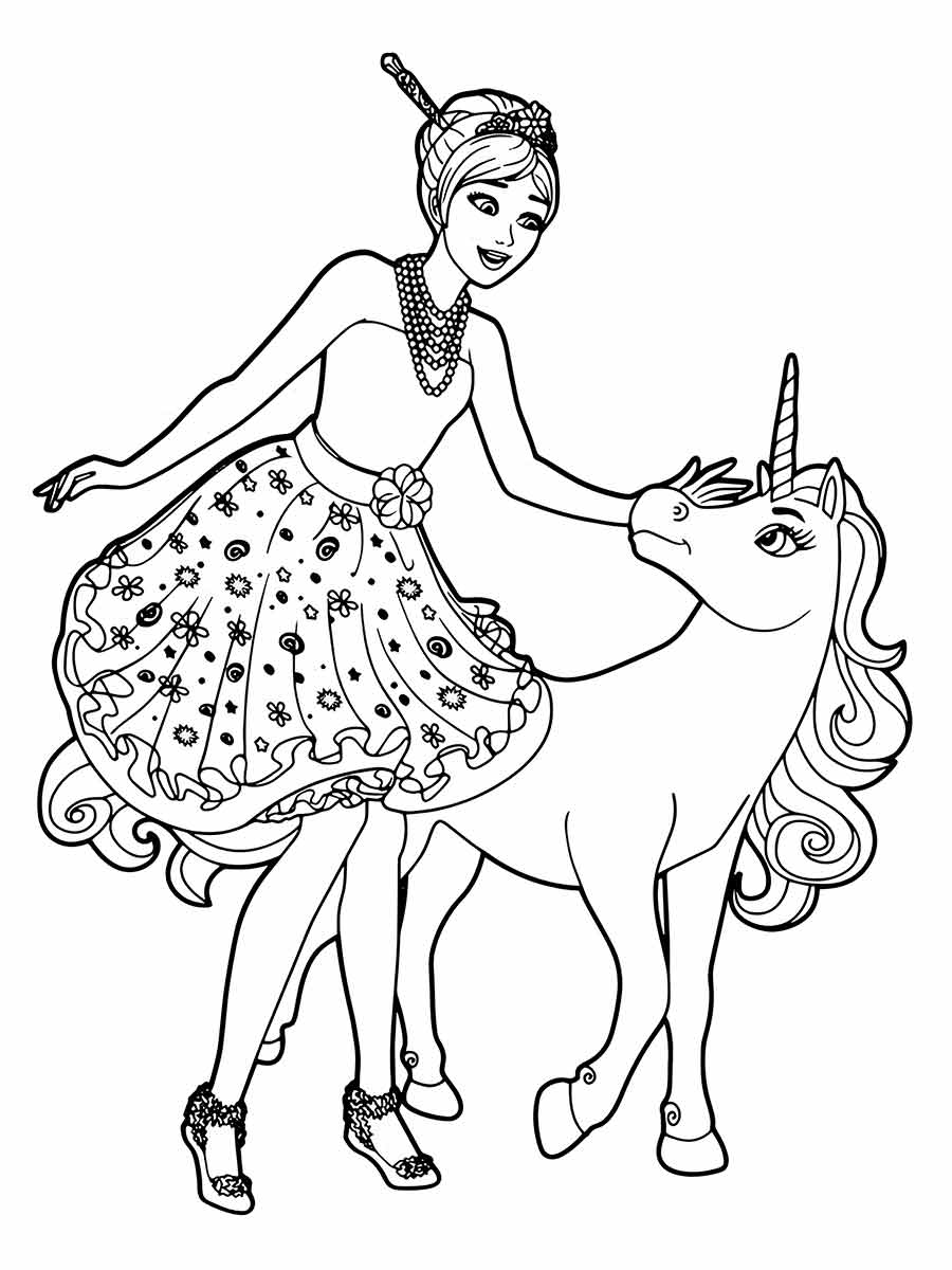 Unicorn and Barbie Coloring Page