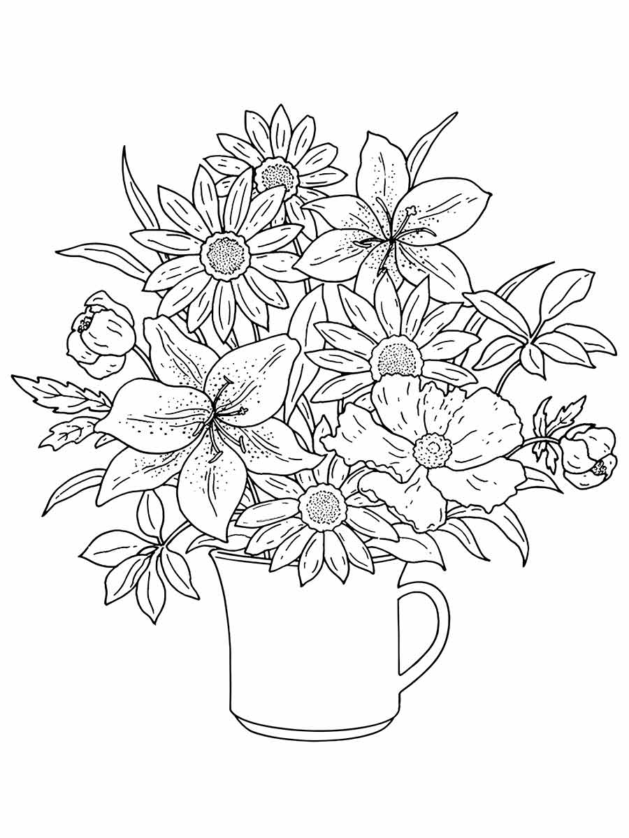 Flower vase coloring and printing drawing