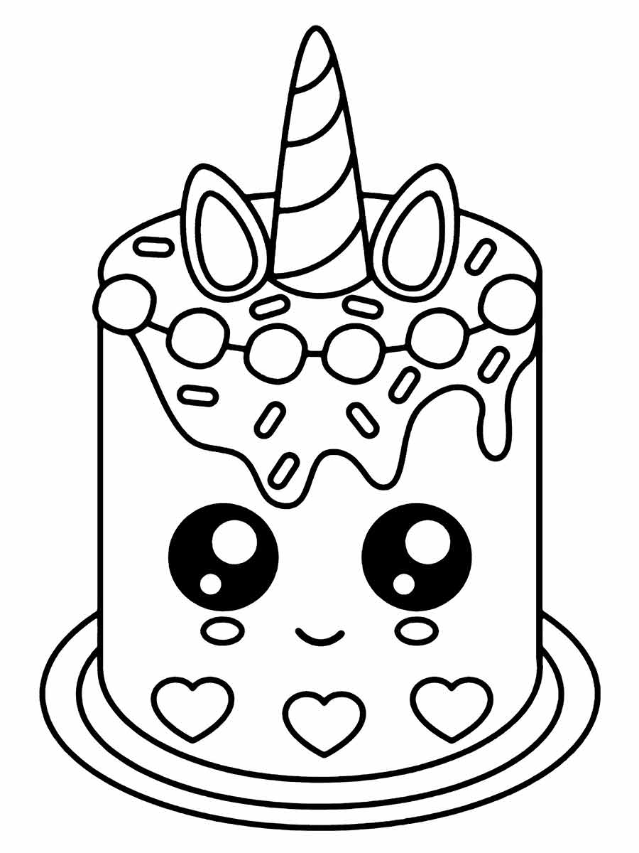 Kawaii Unicorn Theme Cake Coloring Page