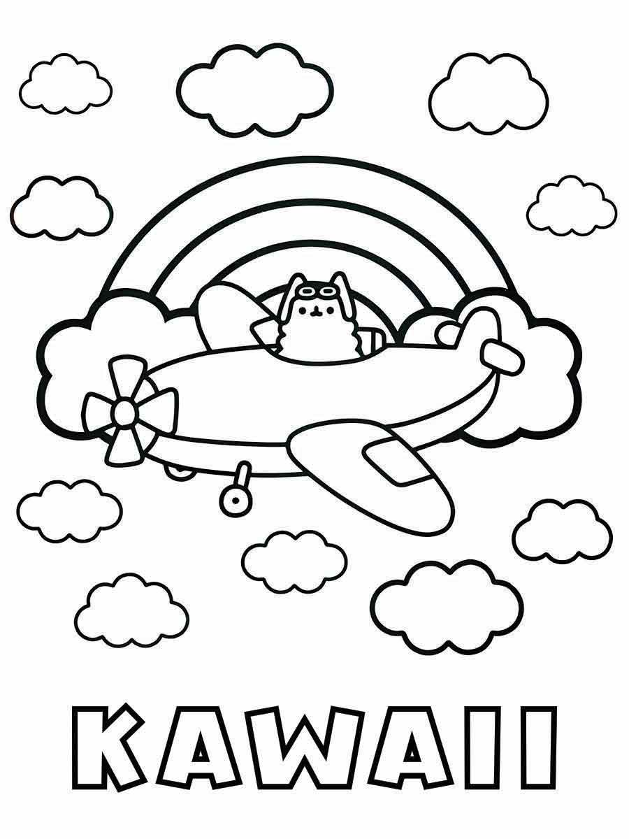 Kawaii airplane in the clouds drawings to color