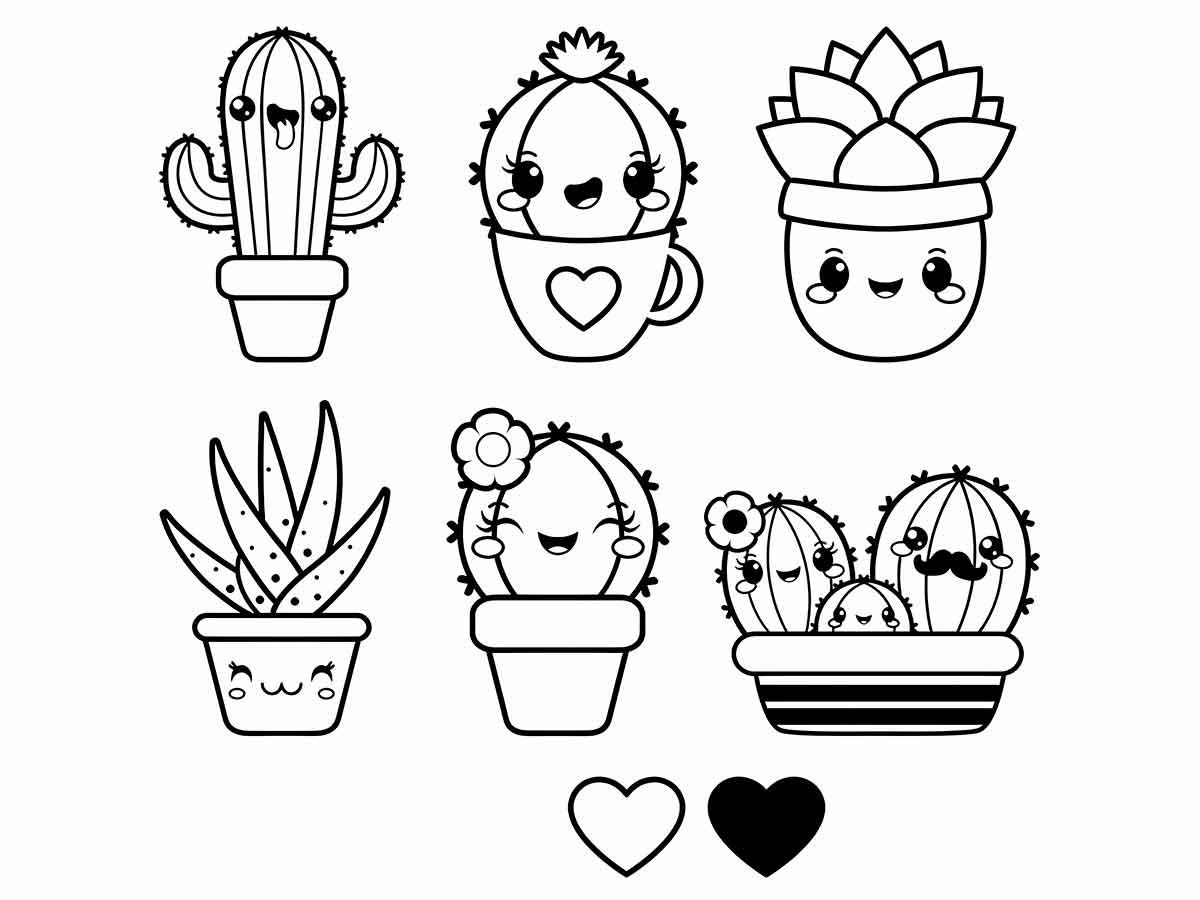 Kawaii Style Cactus Elements to Color