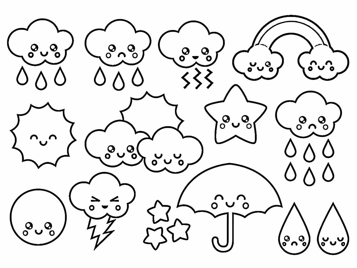 Kawaii Elements Drawings to Color