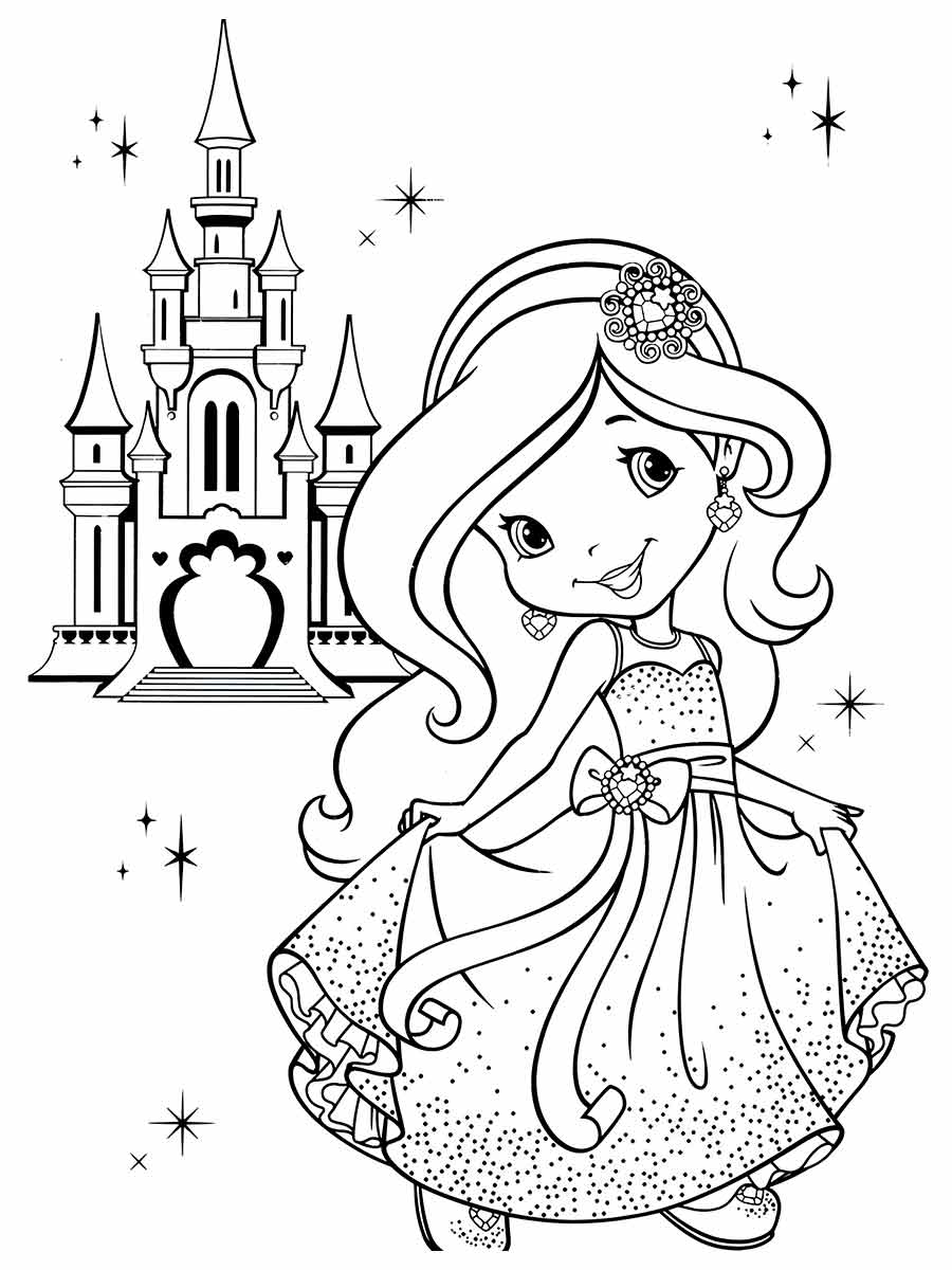 Coloring Page of a Girl in Front of a Castle