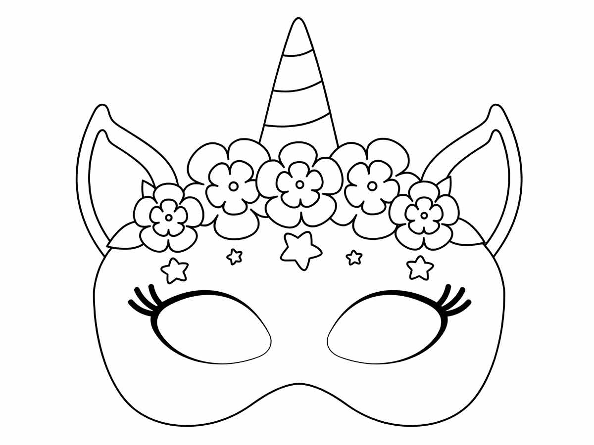 Unicorn Mask Coloring Page with Flowers