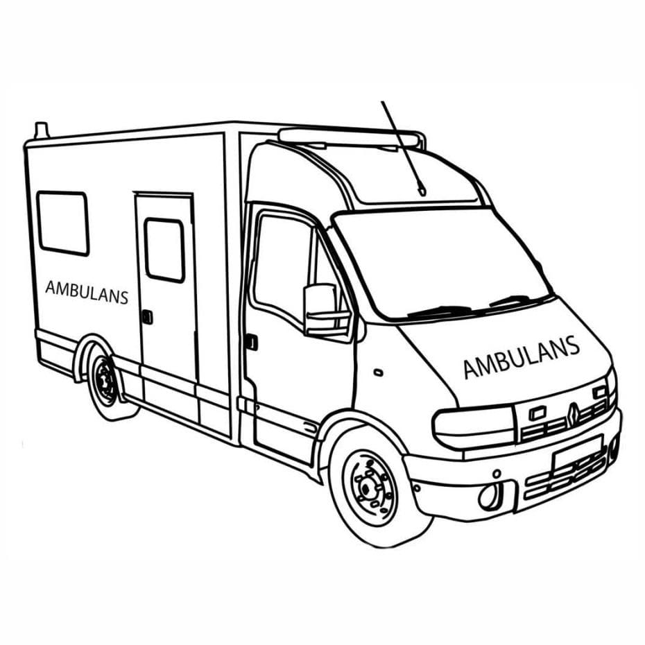 Coloring page of an ambulance with a detailed outline, perfect for kids to color and learn about emergency vehicles.