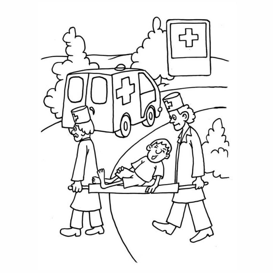 Ambulance coloring page featuring two paramedics carrying a patient on a stretcher, great for group coloring activities.