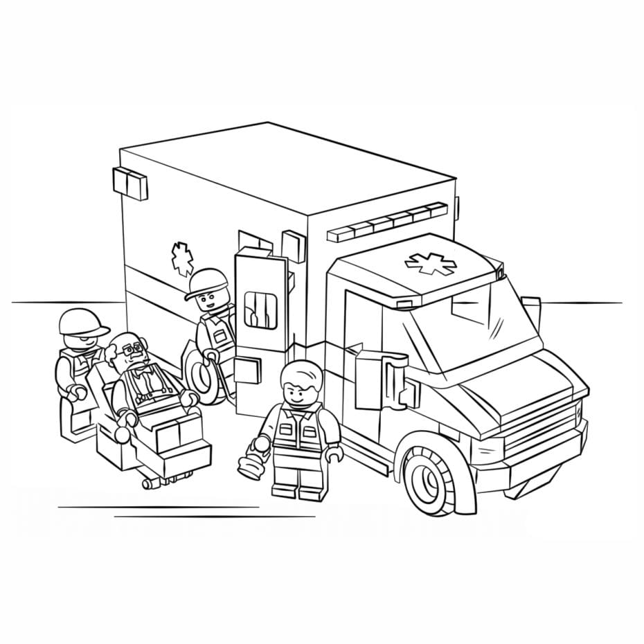 Fun coloring page of an ambulance with cartoonish details.